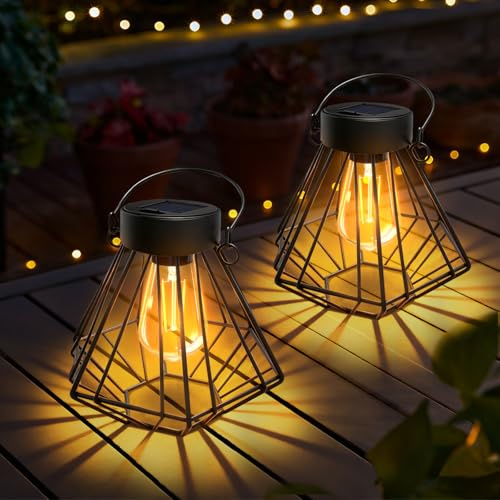 2 Stück Solarlampen für Außen Hängend/Stehend,Solarleuchten Garten,Metall Solar Lampions Außen Wetterfest IP65,Diamant-Design Solar Laterne,Warmweiß Solarlaternen für Draußen Garten Terrassen