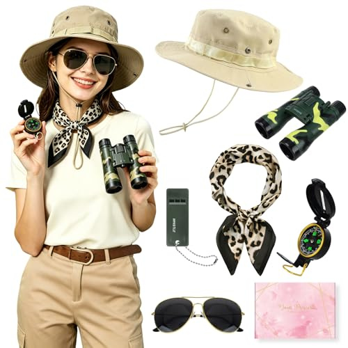 YYDSXK Safari Kostüm Damen, 6 Stück Safari Accessoires Set mit Faltbare Sonnenhut, Fernglas safari, Kostüm des Archäologen, Rollenspielkostüm Halloween, Perfekt für Themenpartys, Fasching Karneval