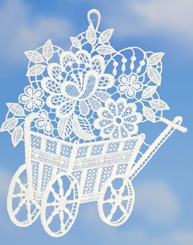 Fensterbild Handwagen Plauener Spitze®, Größe 20 x 24 cm, Farbe natur