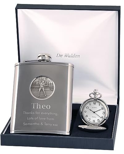 Engraved Brother Christmas Pewter Golf Feature Pocket Watch and Hip Flask Gift Set