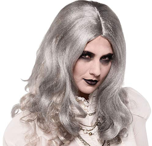 Amscan 842249-55 - Perücke Zombie, langes Kunsthaar, Langhaar, Locken, grau, alte Frau, Hexe, Gothic, Erwachsene, Damen, Halloween, Karneval, Mottoparty