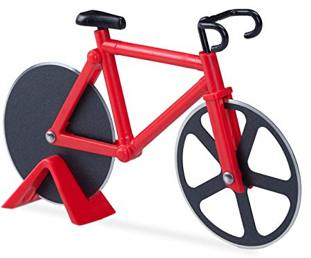 Relaxdays Fahrrad Pizzaschneider, lustiger Pizzaroller mit Schneiderädern aus Edelstahl, Cutter für Pizza & Teig, rot