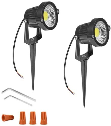 Youngine 12V LED Prato Luce Esterna Impermeabile Pareti Alberi Bandiere Faretti 5W COB Garden Yard Path Bassa Tensione Illuminazione Paesaggio con Spike Stand, Confezione da 2 (Bianco freddo)
