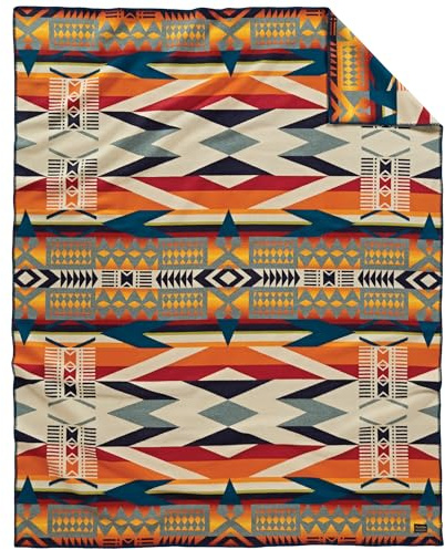 Pendleton Jacquard Unnapped Blanket 64 x 80 - Wool Cotton, Reversible, Lightweight, Soft, Ultrasuede Binding, Packable Throw for Home and Travel - Fire Legend Sunset