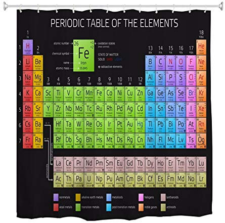 A.Monamour Tableau Périodique des Éléments avec Numéro Atomique Poids Et Symbole Fond Noir pour Les Amateurs De Chimie Imperméable Rideau De Douche Tissu Polyester pour Salle De Bains 180x180cm