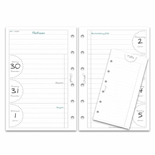 SinnWunder® Premium Kalendereinlagen 2025 - Wochen-Kalender mit 1 Woche auf 2 Seiten – Größe Pocket – mit gratis ToDo-Listen – PureSinn