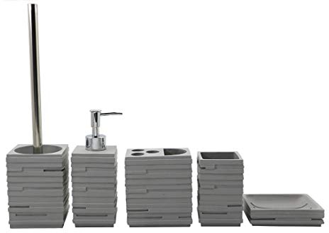 BM 4392 Set Accessori Bagno 4 Pezzi in Resina Grigia, Superficie Strutturata, Completo con Dispenser, Portaspazzolino, Portasaponetta e Portascopino, Stile Moderno Elegante