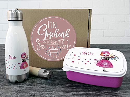 GRAZDesign Brotdose und Trinkflasche Set für Mädchen personalisiert mit Namen | mit Trennwand Wasserflasche Edelstahl 350ml | Geschenk zur Einschulung