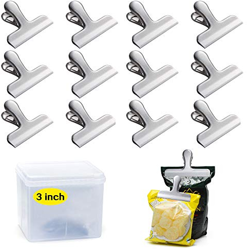 12 Pack Heavy Duty Chip Bag Clips, 3 Inch Wide Stainless Steel Food Bag Clip, Perfect for Air Tight Seal Grips on Coffee, Food & Bread Bags, Office Kitchen Home Usage (No Sharp Edges)