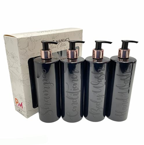 Print Maniacs Black Mrs Hinch Inspired Personalised 500ml Bottles Bathroom Lotion Kitchen Shampoo Conditioner Rose Gold Pump (Hand Wash Set) (Black)
