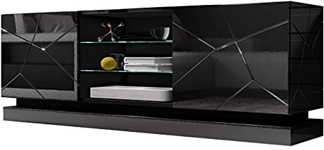 Mirjan24 TV Lowboard Qiu, TV Schrank, griffloses Öffnen, Fernsehtisch, Lowboard, TV Tisch, Fernsehschrank, gedämpften Schließsystem, TV Bank (Modell: 160, Schwarz/Schwarz Hochglanz, ohne Beleuchtung)