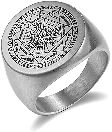 JewelryWe Schmuck Herren-Ring mit Gravur Edelstahl Siegel der Sieben Erzengel Siegelring Silber Gold Schwarz Größer 60mm