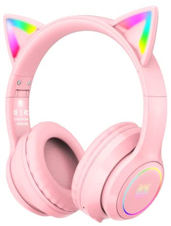 SIMGAL Auriculares Bluetooth con orejas de gato para niños, inalámbricos y con cable, auriculares plegables con micrófono, luz LED RGB, para niñas, juegos escolares, compatibles con teléfonos móviles,