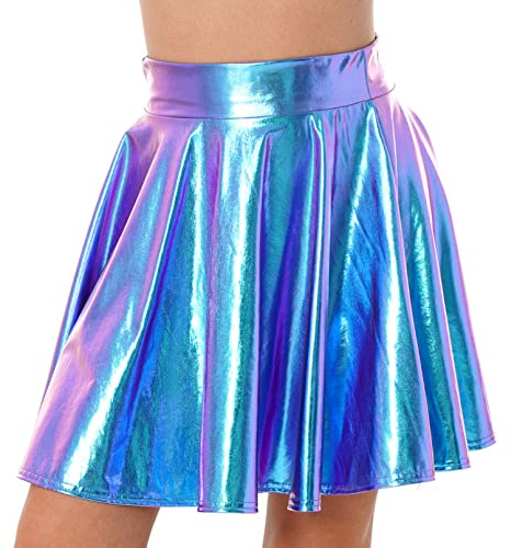 TiaoBug Damen Sexy Wetlook Rock High Waist Lack Leder Röcke Mini Glocken Skater Rock Glänzend Metallischer Faltenrock Clubwear Blau E M