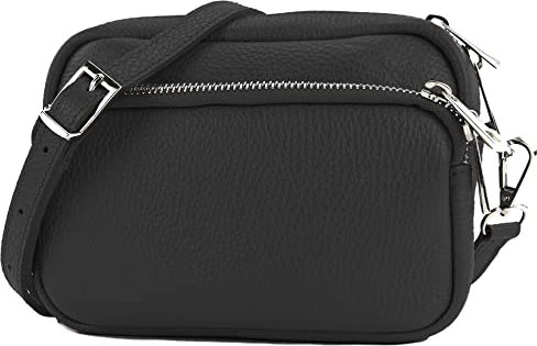 modamoda de - T231 - ital. Umhängetasche Klein Small aus Leder, Farbe:Schwarz