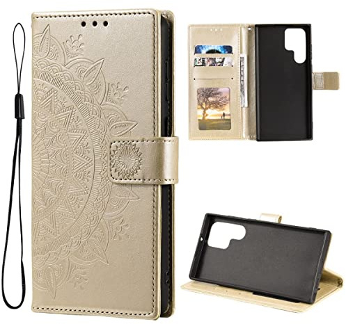 CoverKingz Handy Case kompatibel mit Samsung Galaxy S22 Ultra - Handy Cover mit Kartenfach Phonecase - Smartphone Hülle klappbar Motiv Mandala Gold