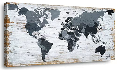 Mapa del mundo - Lienzo decorativo para pared, color negro, mapa del mundo, imágenes para decoración de sala de estar, obra de arte enmarcada para decoración del hogar, dormitorio, 20 x 40 pulgadas