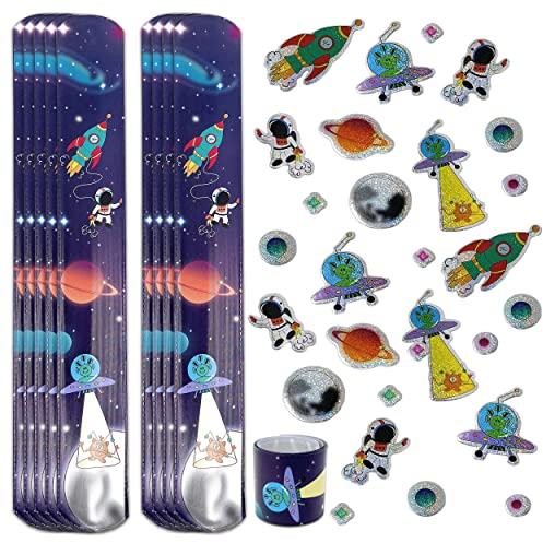 Weltraum Schnapparmband Sticker Set - Knickarmbänder und Aufkleber Weltraum | Klatscharmband für Astronaut Kindergeburtstag Mitgebsel | Armband als Kinderparty Giveaway Gastgeschenk (10x Weltall)
