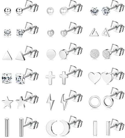 ORAZIO 18 Paar Ohrstecker Set für Damen Herren 316L Edelstahl Stern Mond Herz CZ Scheibe 20G Knorpelohrringe Hypoallergen Geometrische Ohrstecker Piercingschmuck Silber