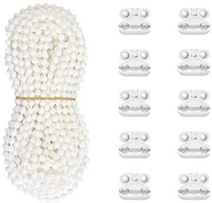 Antfly 10 Meters (32.8 Feet) Roller Blind Bead Chain Cord Roman Venetian Honeycomb Vertical Shade Blind Cord with 10 PCS Connectors for Roller Blind Replacement Parts White (Normal Version)