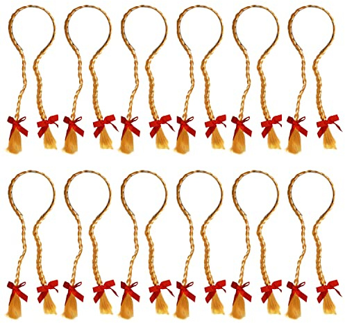 Oktoberfest Lot de 12 mèches blondes avec nœuds rouges sur un bandeau Accessoire de déguisement allemand bavarois