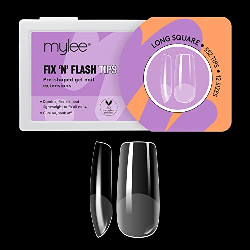 Mylee Fix N Flash Capsules Gel Souple - Carré Long - 552PCS, Capsules Américaines Gel Souple, Extensions Ongles Nail Art, Souples et Résistantes, 12 Tailles Différentes, Convient à Tous les Ongles