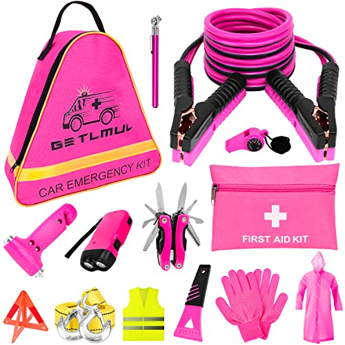 GETLMUL Rosa Auto-Notfall-Set, Premium-Notfall-Autozubehör-Set mit Starthilfekabeln, Taschenlampe, Schaufel, Schraubendreher-Set usw. Autozubehör für Frauen