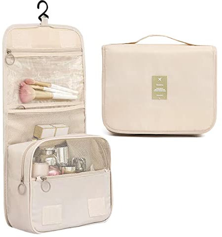 Lorigun Hängende Kulturtasche, Reisewaschtasche für Frauen Tragbare Faltbare Kosmetiktasche Großes Fassungsvermögen Mädchen Kosmetiktasche wasserdichte Duschtasche mit separatem Abteil, Beige