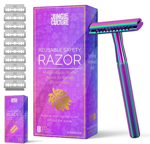 Jungle Culture® Rasierhobel Damen und Herren inkl. 10 Klingen • Nassrasierer für Frauen in Regenbogen • Einzelklingen Metall Rasierer für Körper & Gesicht mit eBook Rasierführer • Safety Razor