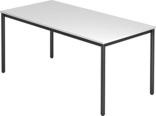 bümö Multifunktionstisch weiß, Tisch 160 x 80 cm, Tischfuß rund in schwarz - einfacher Tisch, Besprechungstisch System D-Serie, Konferenztisch, Meetingtisch, Mehrzwecktisch, Pausentisch