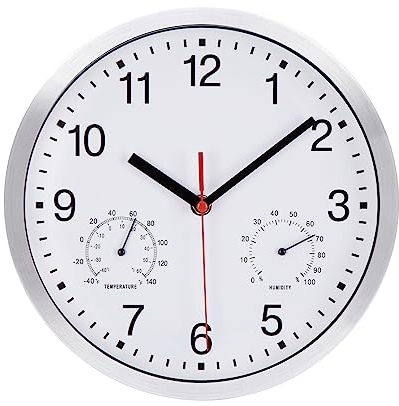 NESIFEE Reloj de pared con radio, silencioso, reloj de pared inalámbrico, sin ruido de tictac, pantalla de temperatura y medidor de humedad, silencioso, sin tictac, blanco, fácil de leer, para sala de