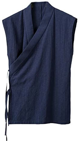 Aoleaky Vêtement Traditionnel Chinois Hanfu Gilet Hommes Lin Coton Haut sans Manches Hommes Tang Costume Kimono Cardigan Hommes Haut Fendu Navy Blue M