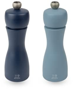 TAHITI AIR DUO PEUGEOT - Pfeffermühle + Salzmühle Tahiti Luft 15 cm + Pfeffer & Steinsalz - Klassische Mahlgradeinstellung - Aus PEFC-zertifiziertem Holz - Französiches Know-How - Nacht- & Azurblau