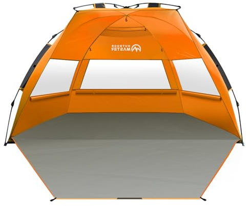 OutdoorMaster Pop-Up-Strandzelt für 3–4 Personen, Größe XL, einfacher Aufbau, tragbarer Strandschatten, Baldachin, Faltbarer Sonnenschutz mit UPF 50+ UV-Schutz, abnehmbares Dachlicht, Familiengröße