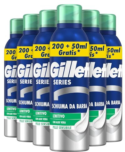 Gillette Series SCHIUMA DA BARBA LENITIVA Con Aloe Vera, Riduce le Bruciature e Irritazioni, Ideale per Pelli Sensibili, Pelle fresca durante la Rasatura, 250ml X6
