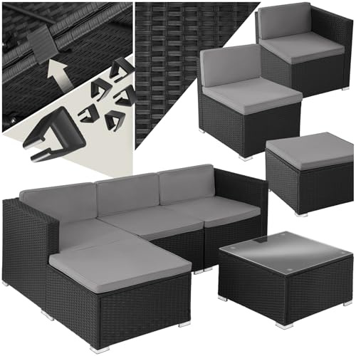 tectake® Ensemble Salon de Jardin Exterieur en Poly Rotin Modulable Canapé 4 Places 3 Fauteuil Salon 1 Tabouret Pouf et 1 Table de Jardin, Mobilier de Jardin pour Amenagement Balcon Terrasse