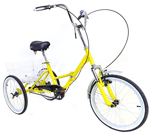 awolsrgiop 20 Zoll Dreirad Für Erwachsene, 3 Räder Dreirad Klapprad Faltrad Fahrrad Trike mit Korb, Quick-Fold Klappfahrrad Fahrrad Erwachsene Einkaufs Lastenfahrrad für Outdoor Sports Shopping, Gelb
