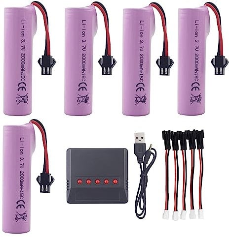ZYGY 5PCS 3.7V 2000mah SM-2P Plug Li-ion Battery with 5 in 1 Charger for DE68 DE44 DE45W DE45 DE58 DE49 DE57 DE70 Off-road Vehicle Truck Tank RC Toy Car Battery