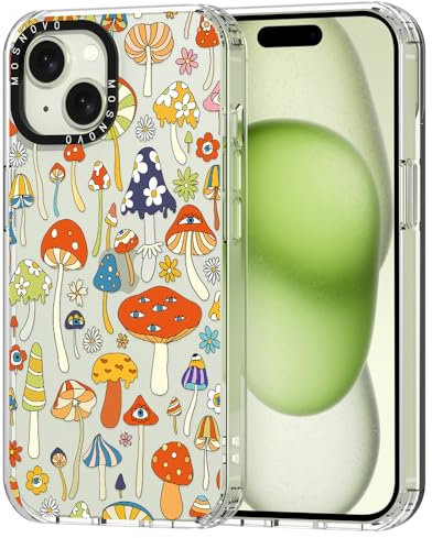 MOSNOVO Case for iPhone 15, [Buffertech 6.6ft Military-Grade Drop Protection] [Anti Peel Off Tech] Clear TPU Bumper Phone Case Cover Design - Mushroom Art