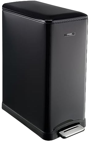 Cooks Professional Slimline Dual Recycle Pedal Bin 50L | 20 + 30L Removable Compartments & Soft Close Lid | Double Section Stainless Steel Kitchen or Office Dustbin for Recycling or Waste | Black