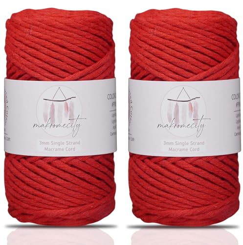 Makromecity, 2 Stränge Makramee Schnur 3mm x 109Yards (322ft) Makramee Schnur 3mm gedrehtes Makramee Garn, Makramee Schnur für Makramee Federn, Recyceltes Baumwollkordel Garn (Rot, 2 Knäuel)