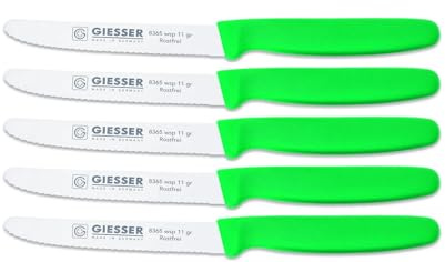 Giesser Messer Tomatenmesser Brötchenmesser Tafelmesser 11cm mit Wellenschliff 3mm - 5er Set (Grün)