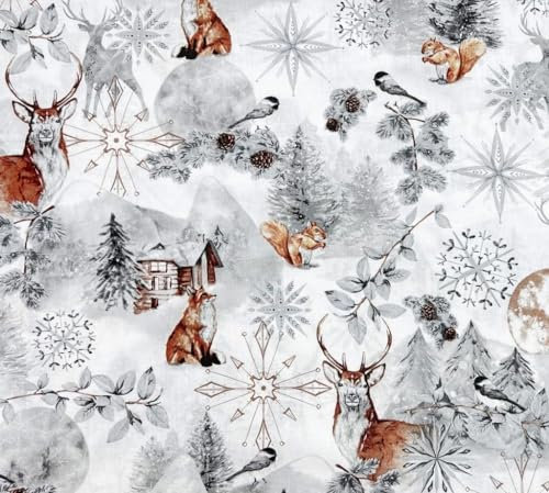 100x160cm Stoffe für Kinder und Damen mit Tiere - Waldtiere Baumwollstoffe zum Nähen - Kinderstoffe aus 100% Baumwolle für Frauen - Hirsch Fuchs Vogel Winter - Weihnachten Winterwald - keine Meterware