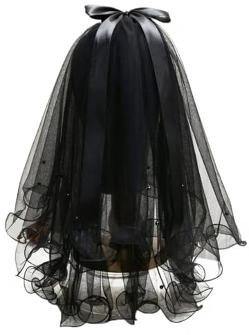 JUSTUSNX Kurzer schwarzer Hochzeitsschleier – 2-stöckige Gothic-Braut-Halloween-Party-Schleife mit Kamm – Cosplay-Zubehör für Frauen und Mädchen