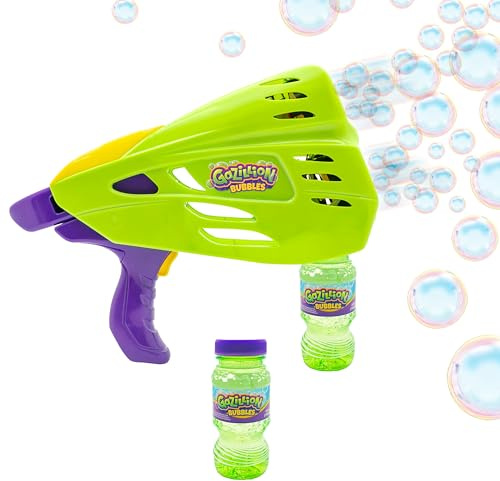 Gazillion dubbel bubbelblaster 2-i-1, handhållen bubbla och fristående bubbelmaskin för barn, fester, fester och utomhus plus festläge färgskiftande LED-lampor leksaker och gåvor i åldrarna 3+