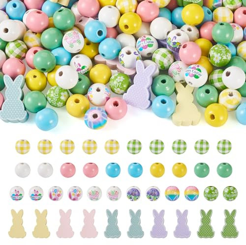 Crafans 160 Stück Naturholzperlen – Hase, rund, großes Loch, grün, Frühlingsblumen, Kaninchen, Abstandshalter, Holzperlen für DIY Ostern Schmuckherstellung