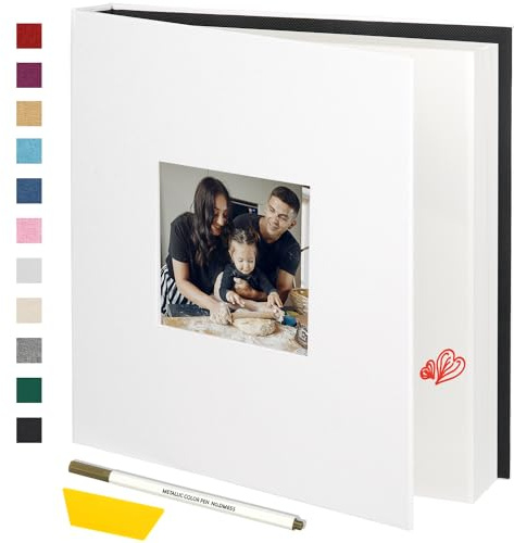 Miaikoe Fotoalbum, selbstklebendes Scrapbook-Album für 10 x 15 cm, 12 x 17 cm, 20 x 25 cm, 60 Seiten, Leineneinband, Album mit Sichtfenster, DIY-Buch mit einem metallischen Stift und Schaber (weiß)