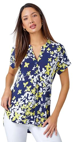 Roman Short Sleeve Shirt for Women UK Ladies Tunic Top Summer Blouse Casual Smat T-Shirt Spring Work Cocktail Party Going Out Special Occassion Holiday V-Neck - Yellow & Navy - Size 20