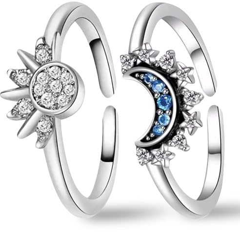 MUNSKT Verstellbar Sonne Mond Ring Set, Ringe Frauen Silber, Himmlische Sonne Ring Gold und Mond Ring Silber Matching Rings, Sun and Moon Ring Set Damenring Dupes Schmuck Geschenk für Frauen