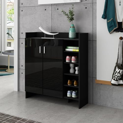 Schuhschrank Schuhkipper Shoe Cabinet Schuhkommode Holz schmal hoch mit 2 Türen 5 Offene Ablagen Freistehend Hochglanzfront für 21 Paar Schuhe Flur Eingang (Schwarz)